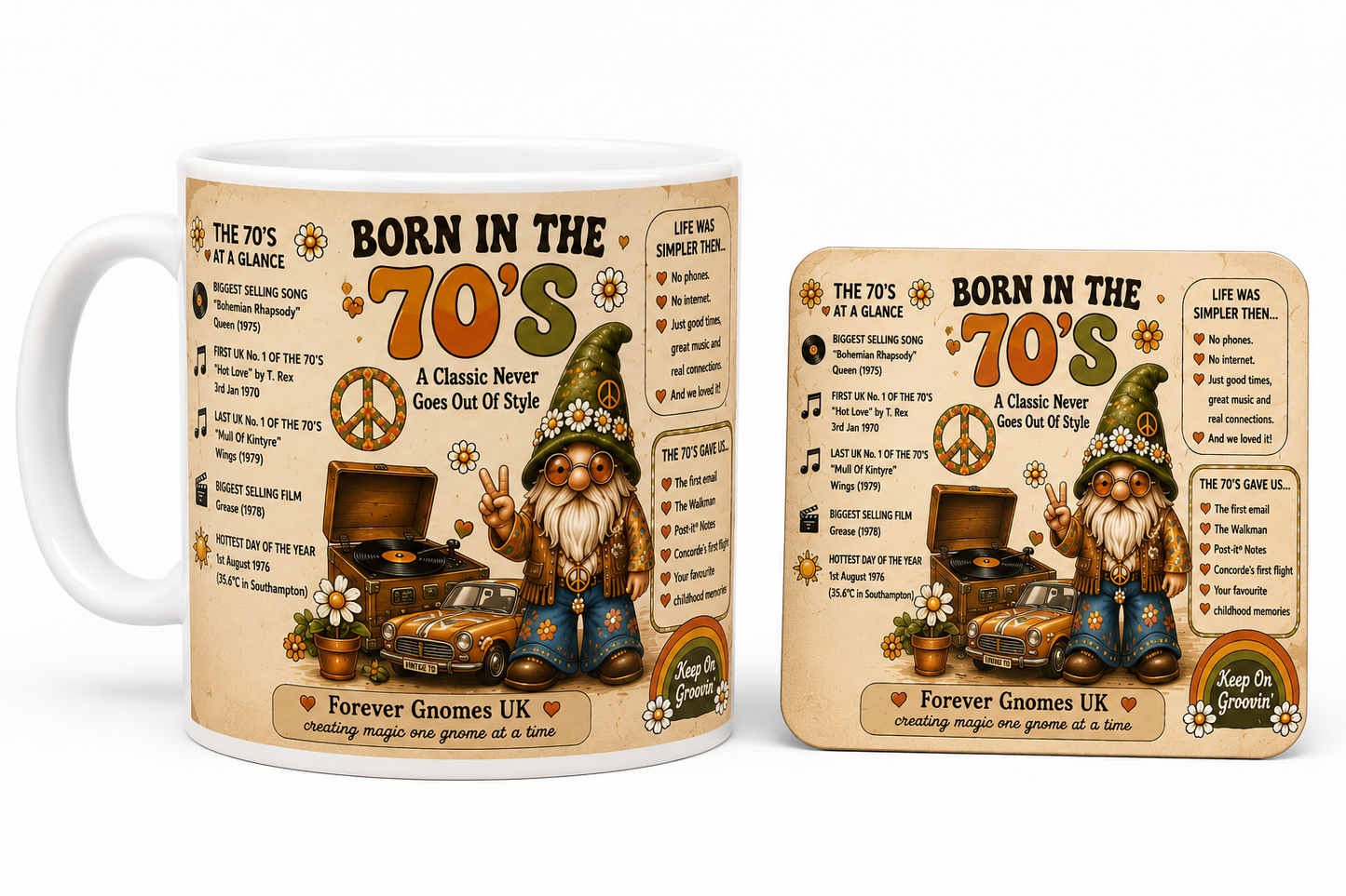 Born in the 70’s Mug & Coaster Gift Set | Retro 1970’s Birthday Gift | Nostalgic Seventies Coffee Mug | Handmade by Forever Gnomes UK