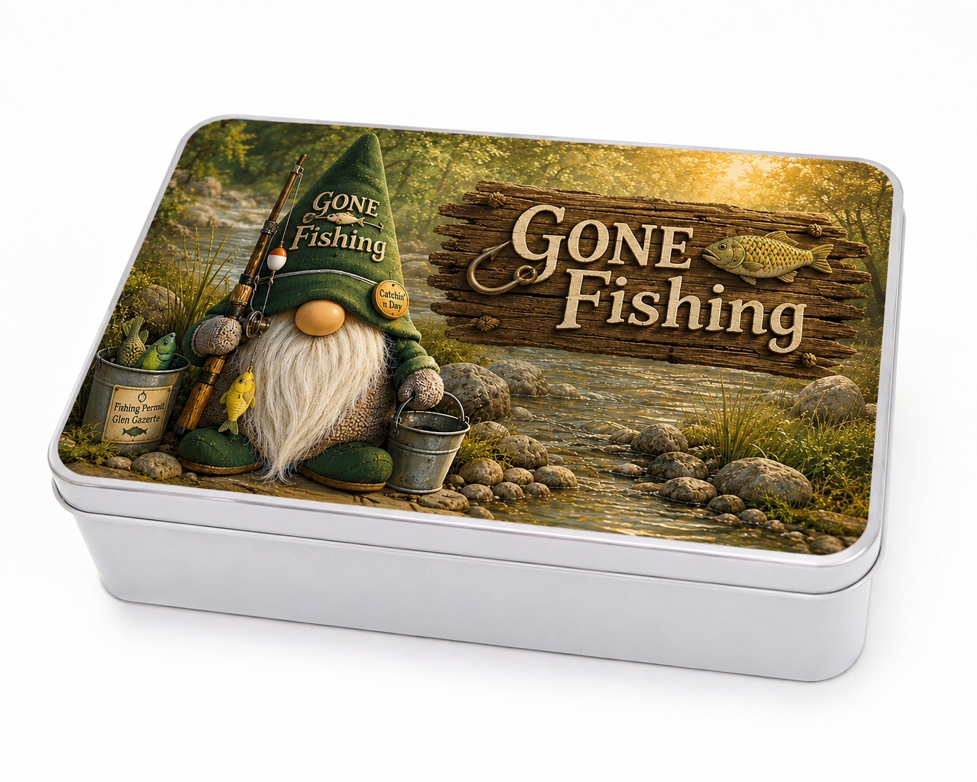 Gone Fishing Metal Keepsake Tin | Father’s Day Fishing Gift | Dad’s Fishing Bits & Bobs Tin | Handmade by Forever Gnomes UK