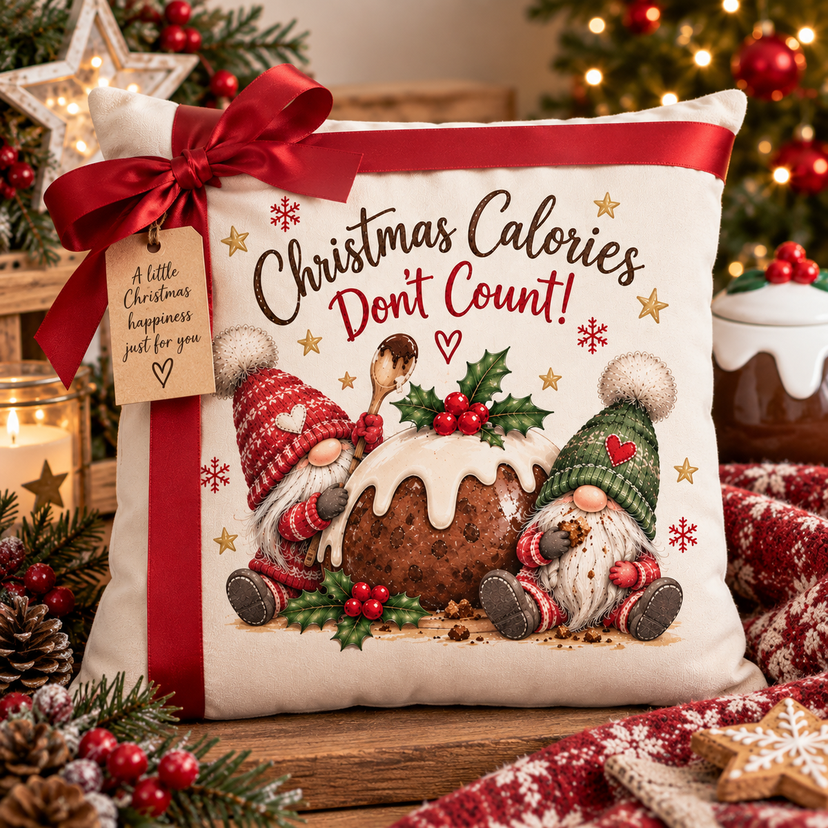 Christmas Calories Don’t Count Gnome Cushion | Christmas Pudding Cushion | Festive Velour Cushion | 40cm
