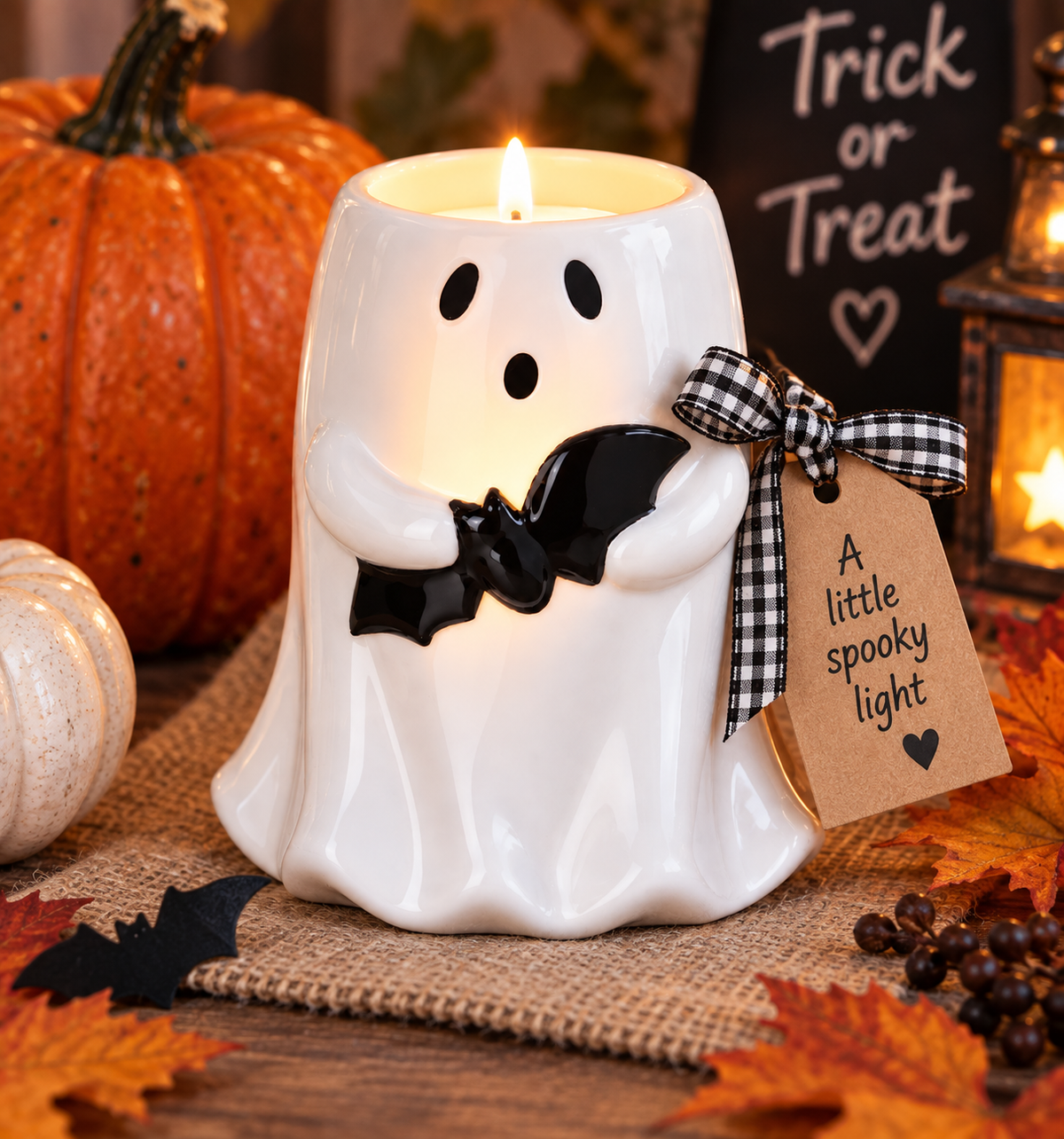 Ceramic Ghost & Bat Tealight Holder β Halloween Decoration