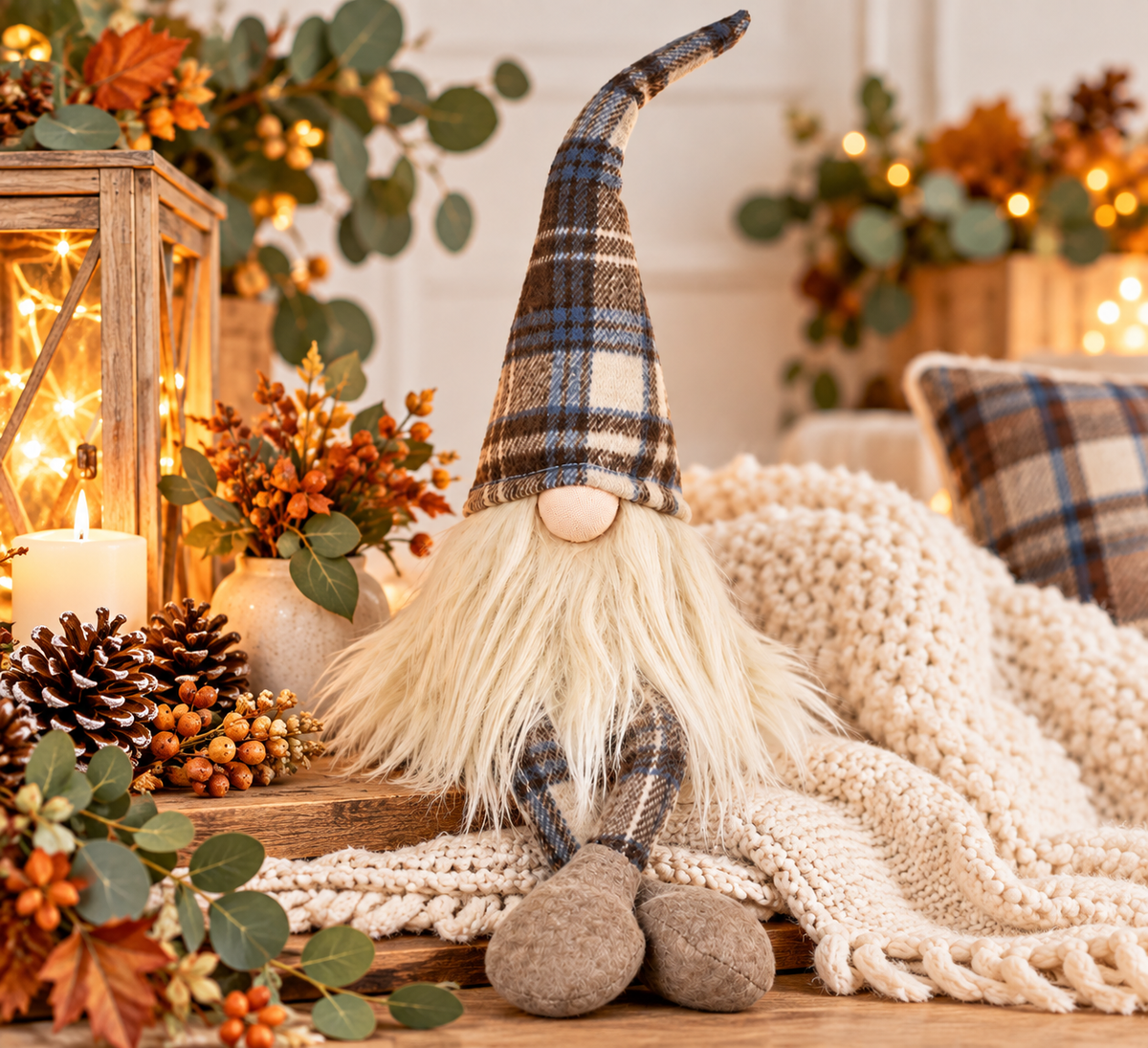 Brown Tartan Long-Legged Gnome – 45cm Autumn & Winter Decoration
