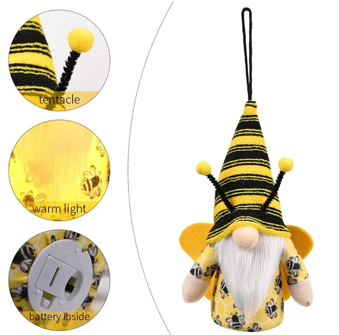 Hanging LED Bumble Bee Light Up Gonk, Nordic Gnome, Gnome, Swedish Tomte