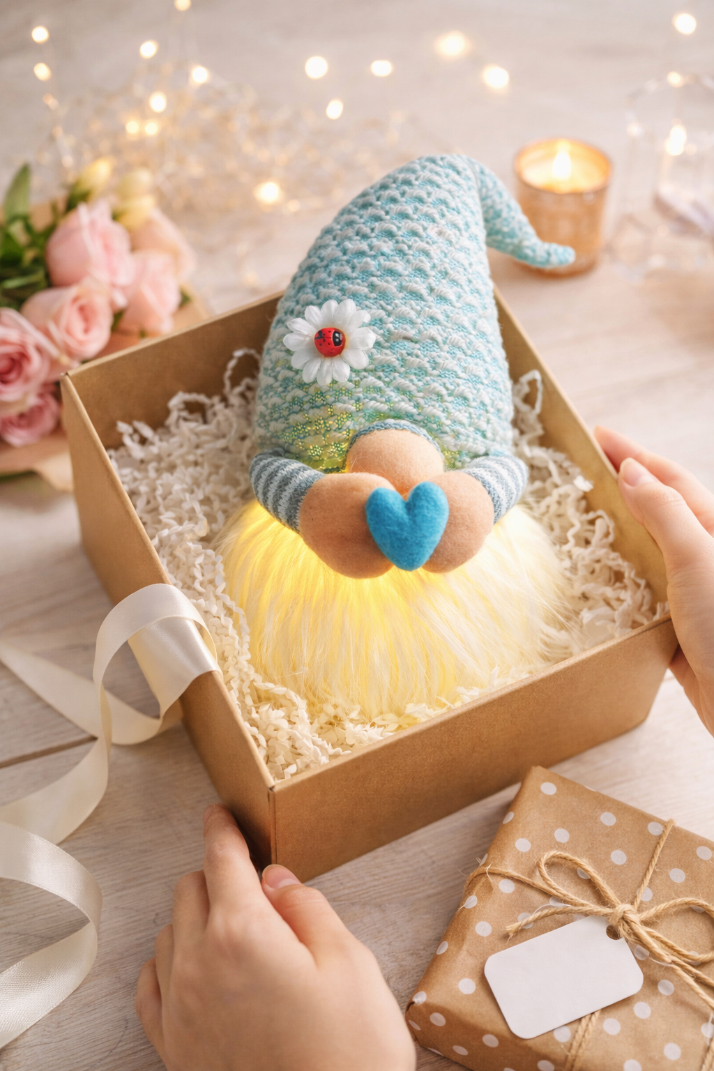Light Up LED Gonk, with Daisy Hat, Nordic, Gnome, Swedish Tomte