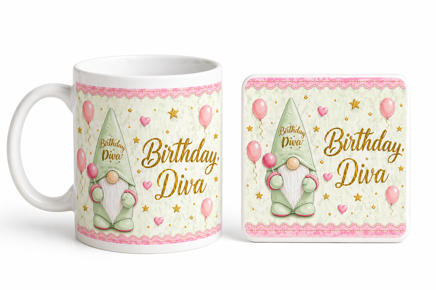 Birthday Diva Gonk Mug & Coaster Gift Set | Cute Birthday Gift for Her | 11oz Mug & Matching Ceramic Coaster | Forever Gnomes UK