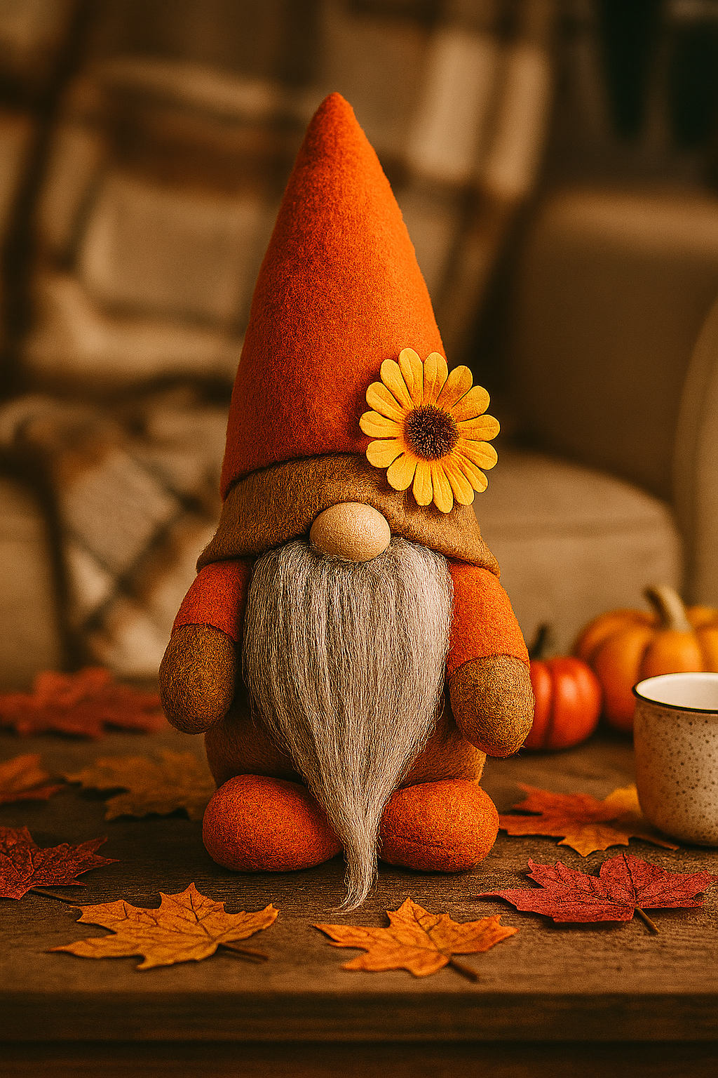 Handmade Orange Autumn Gonk with Sunflower, designed and made by Forever Gnomes UK, Nordic, Gnome, Swedish Tomte