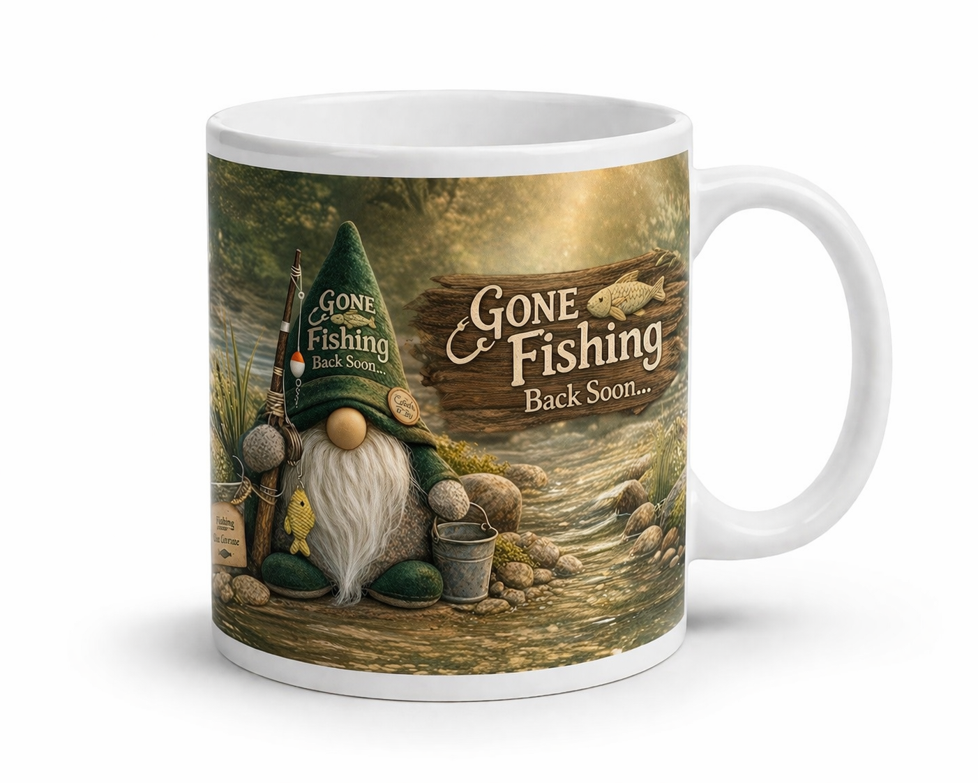 Gone Fishing Mug & Coaster Gift Set Designed & Handmade by Forever Gnomes UK