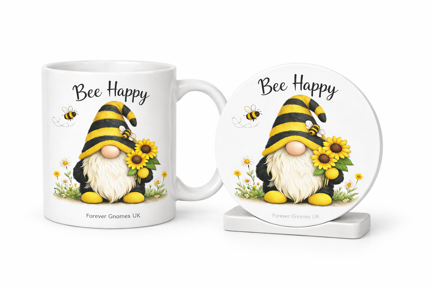 Bee Happy Gift Set – Mug & Ceramic Coaster By Forever Gnomes UK