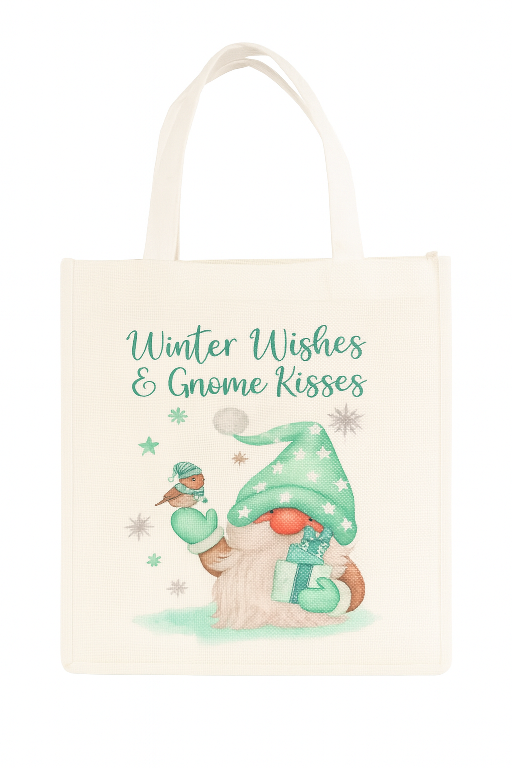 Warm Wishes and Gnome Kisses White Linen Tote Bag, 30 x 30 x 19