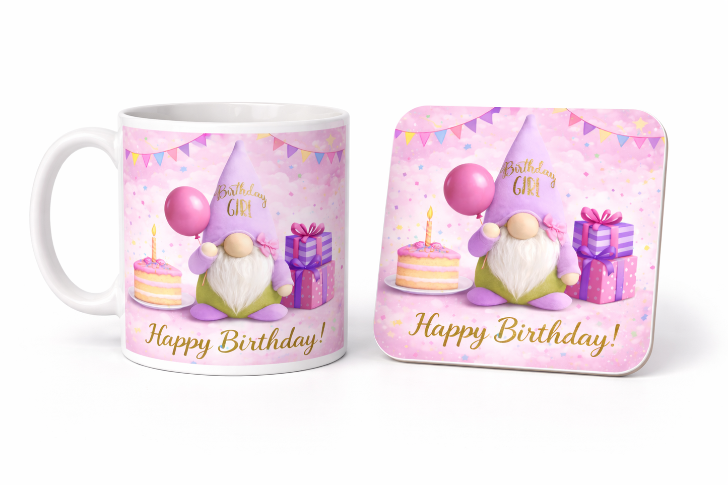 Birthday Girl Gonk Mug & Coaster Gift Set | Cute Birthday Gift for Her | Handmade Gnome Mug | Pink Birthday Gift Idea