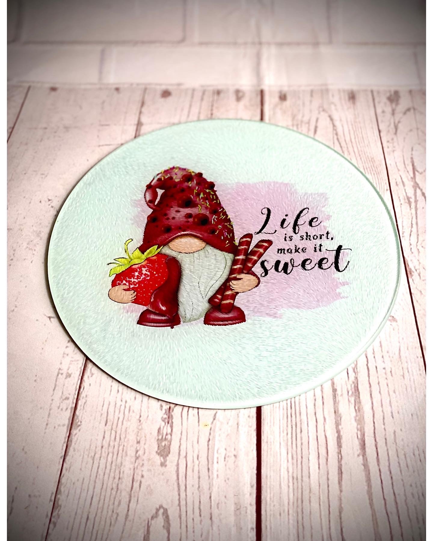 Life is short 20 x 20 Gonk glass chopping board, Nordic, Gnome, Swedish Tomte
