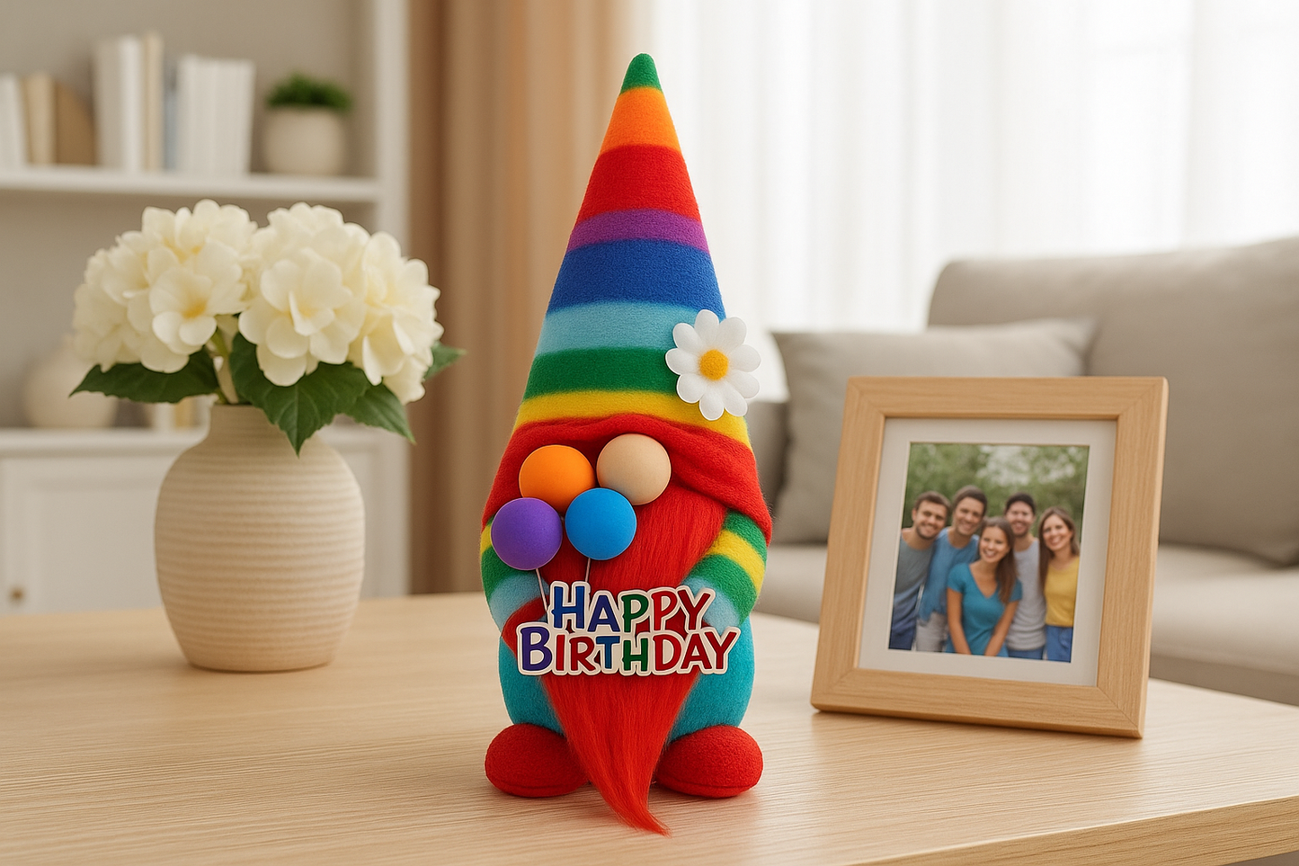 Rainbow Birthday Gonk with Balloons, Nordic Gnome, Swedish Tomte