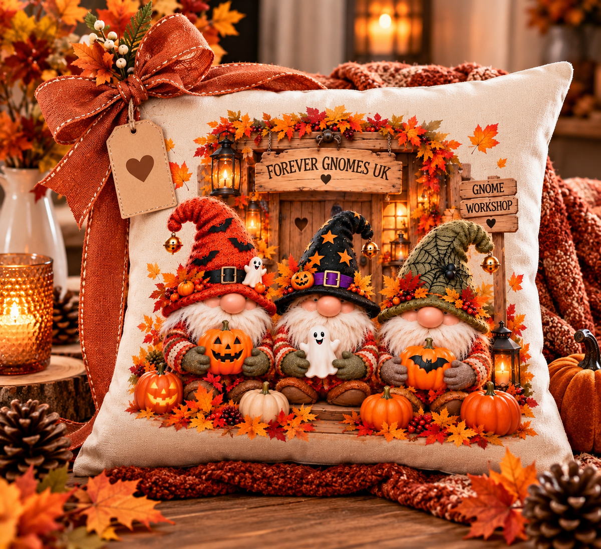 Workshop Gnomes Halloween Cushion – Wilfred, Alfie & Barnaby | Pumpkin & Ghost Autumn Cushion | Forever Gnomes UK