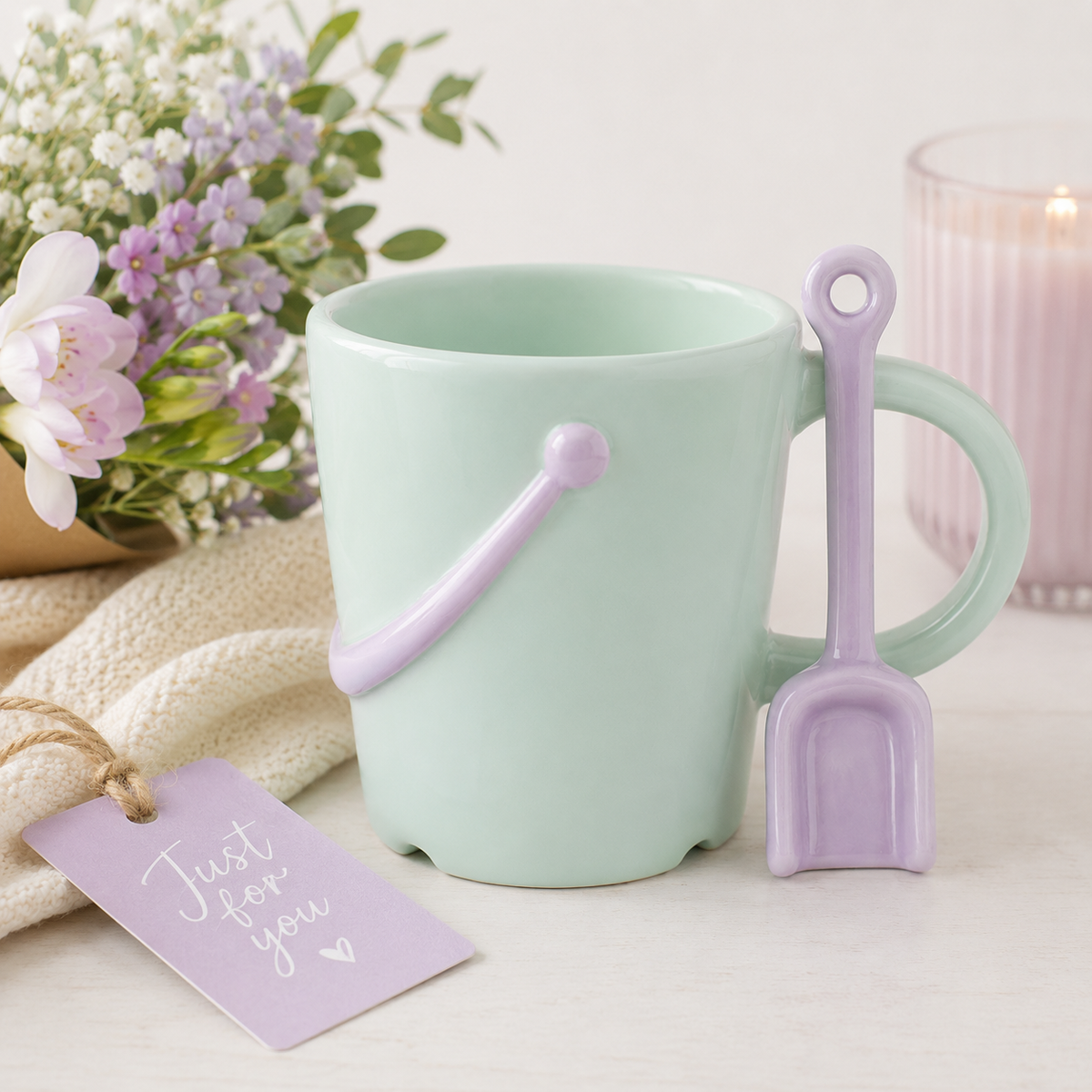 Pastel Bucket Mug with Ceramic Spade Spoon