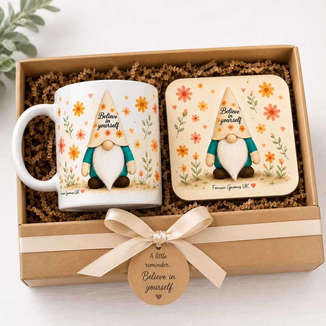 Believe In Yourself Mug & Coaster Gift Set | Floral Gonk Gift | Inspirational Coffee Mug Set | Forever Gnomes UK