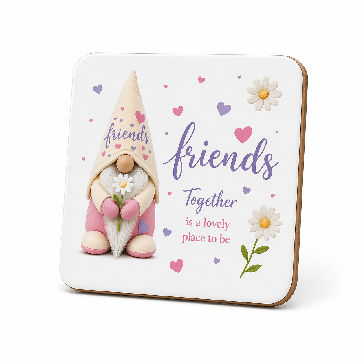 Friends Gonk Ceramic Coaster – Friendship Gift | Handmade Coaster with Daisy Design | Forever Gnomes UK