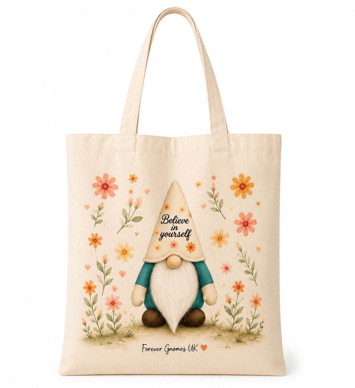 Believe In Yourself Gonk Tote Bag – Floral Inspirational Shopping Bag – Handmade by Forever Gnomes UK