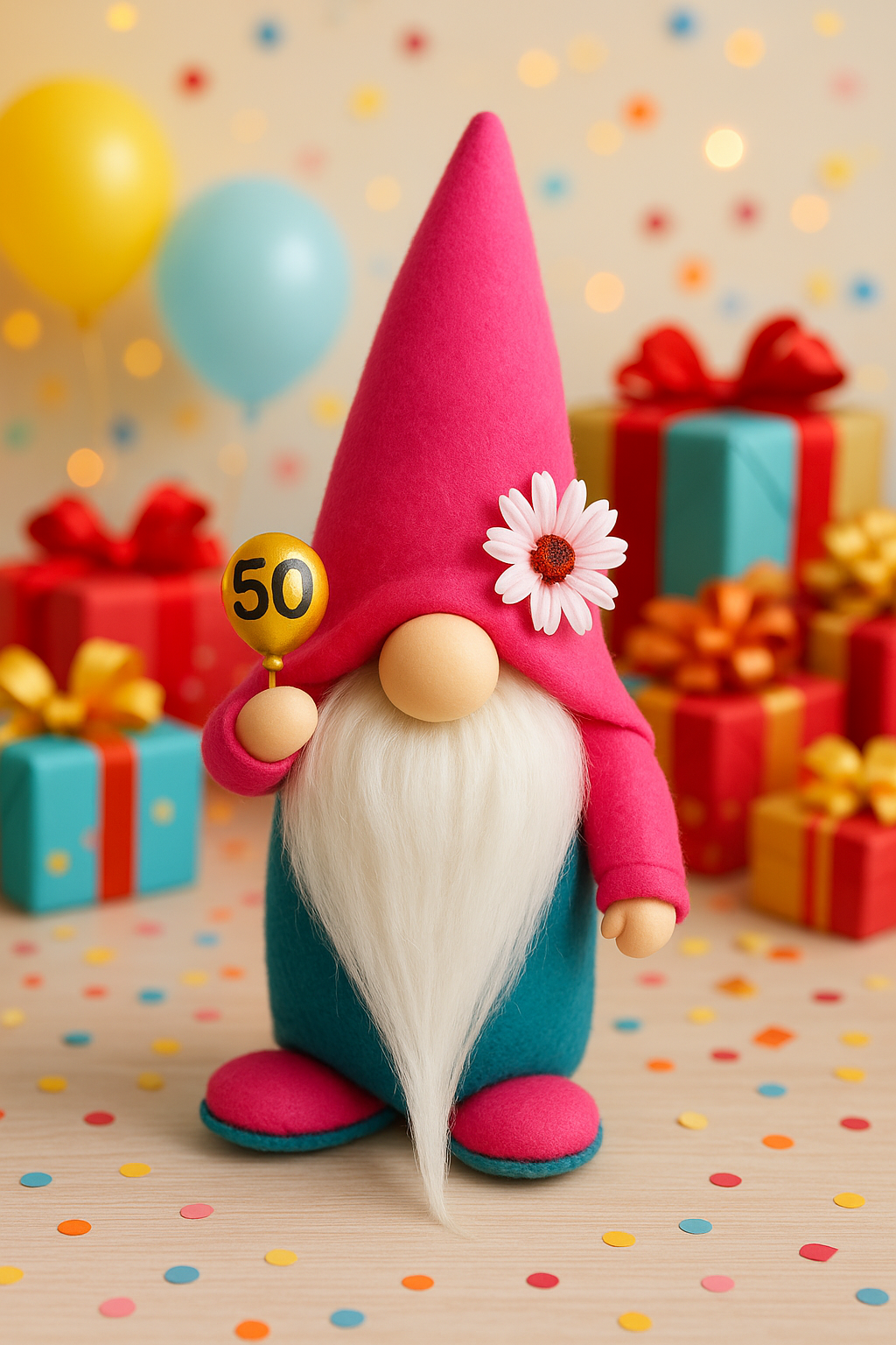 Handmade Birthday Gnome with Balloons and Age, Gonk, Nordic, Swedish Tomte