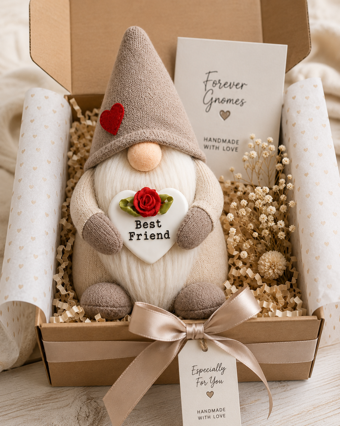 Best Friend Handmade Gonk – Taupe Friendship Gnome with Ceramic Heart & Rose | Forever Gnomes UK