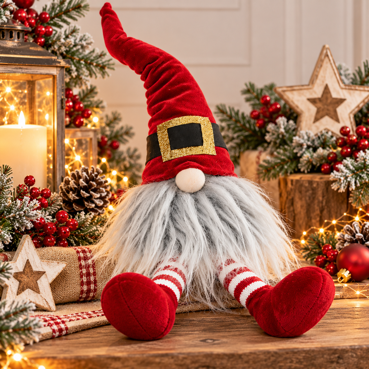 Christmas Gonk with Santa Belt Hat – Red Velvet Christmas Gnome with Striped Legs – Festive Shelf Sitting Decoration – 40cm