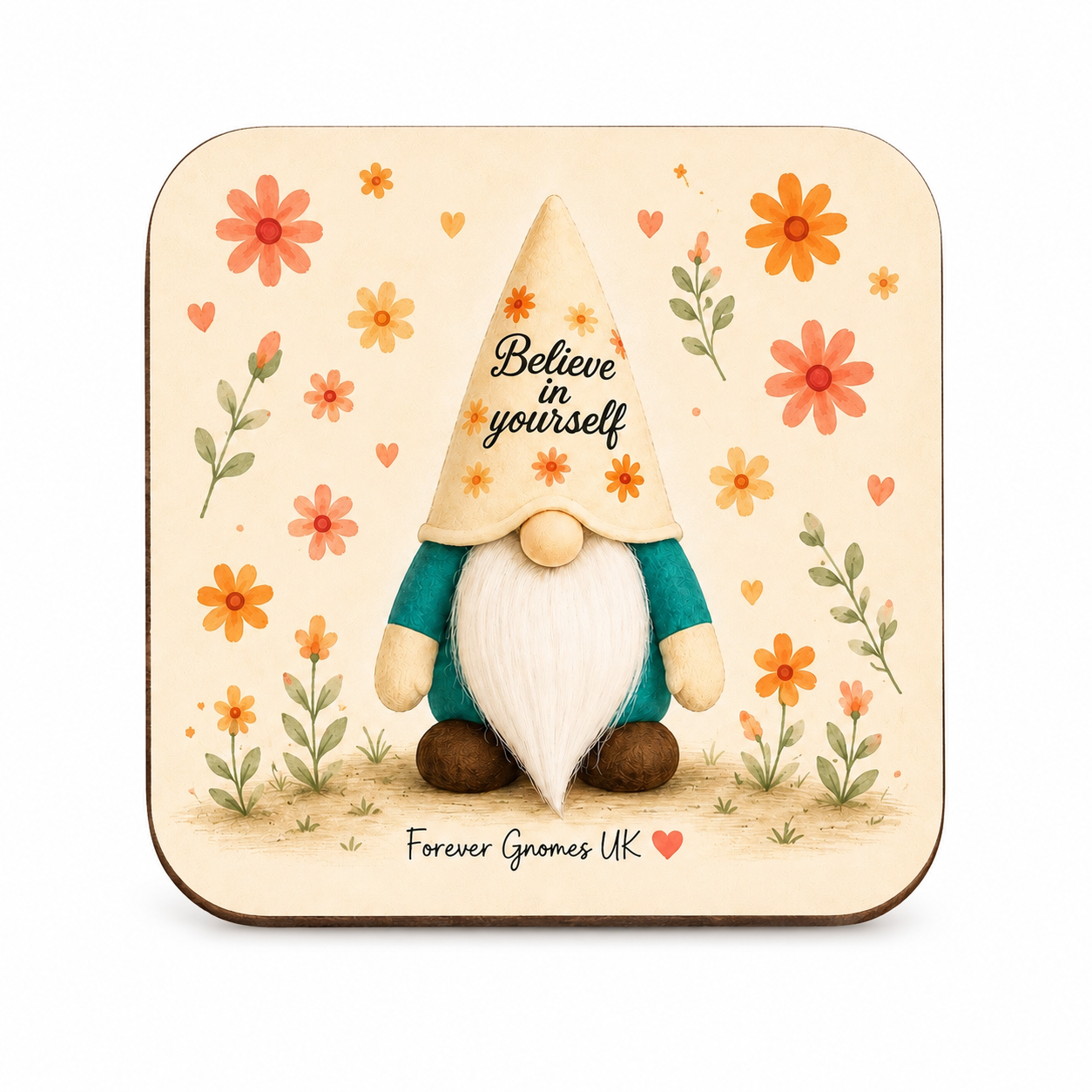 Believe In Yourself Ceramic Coaster | Floral Gonk Coaster | Inspirational Gift | Forever Gnomes UK