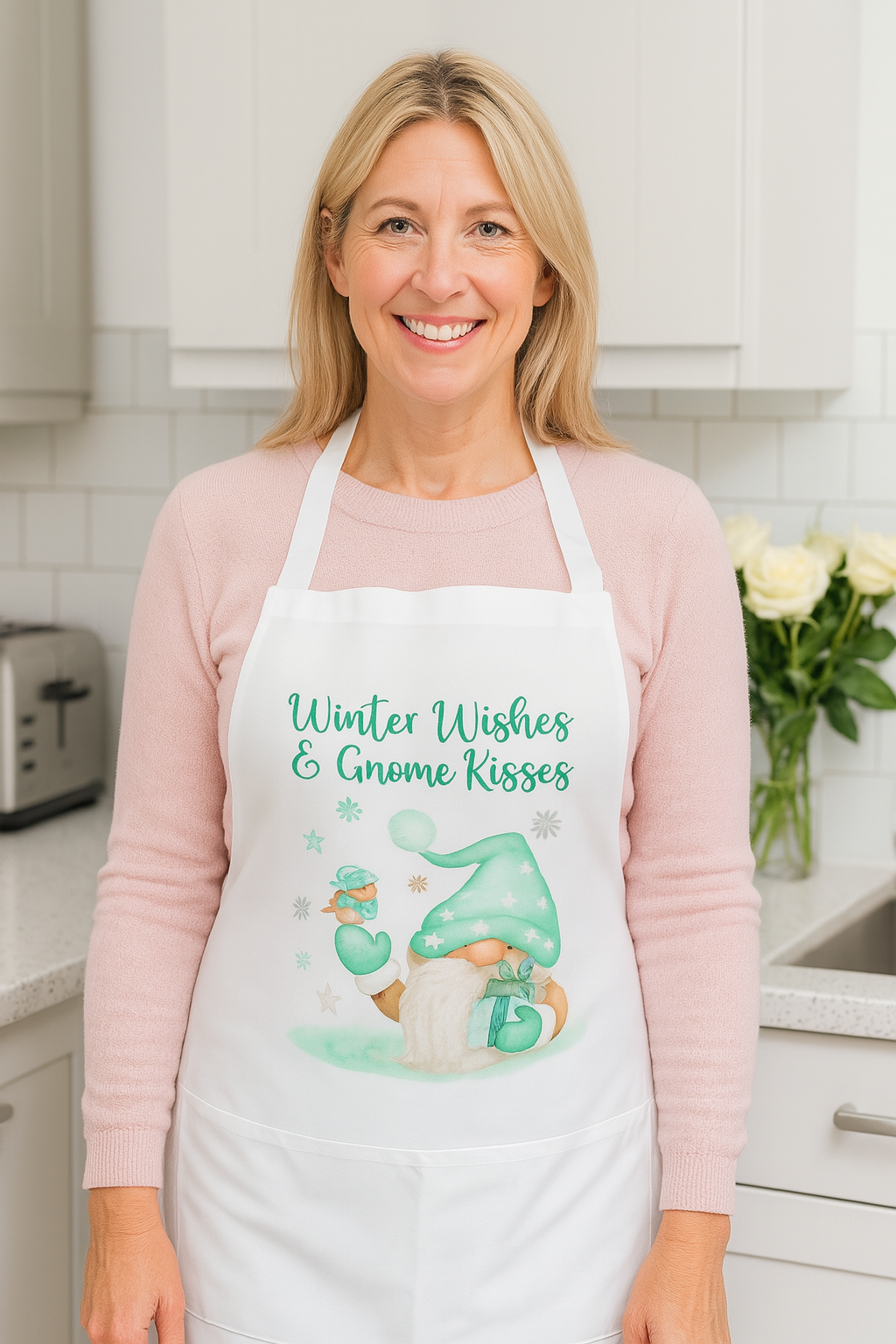 Warm Wishes and Gnome Kisses Polyester Christmas Apron with Pocket