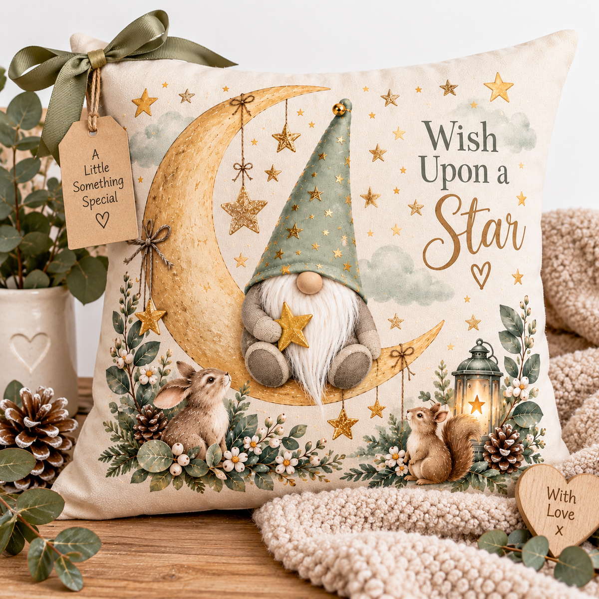 Wish Upon a Star Woodland Gnome Cushion – Soft Velour 40 x 40cm