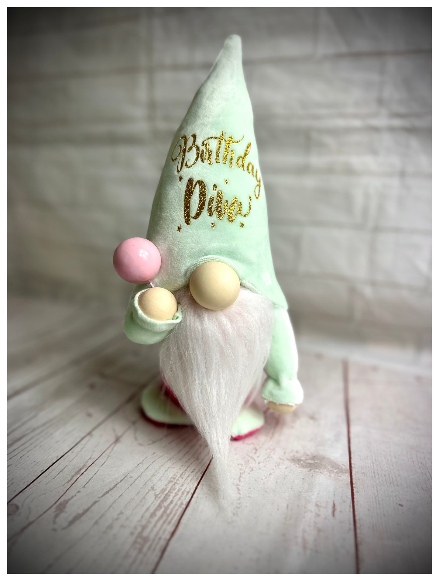 Handmade Birthday Diva Gnome with Balloons, Gonk, Nordic, Swedish Tomte