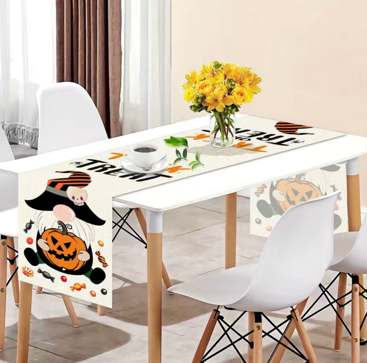 Trick or Treat Gnome Linen Table Runner, Gonk, Nordic, Swedish Tomte