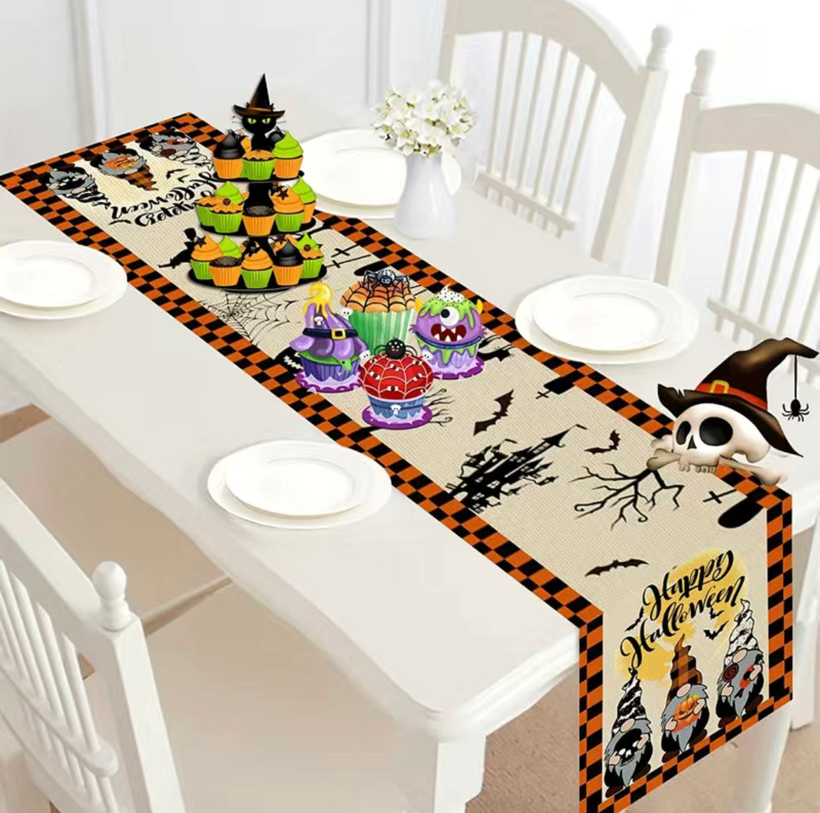Happy Halloween Large Linen Gnome Table Runner, Gonk, Nordic, Swedish Tomte
