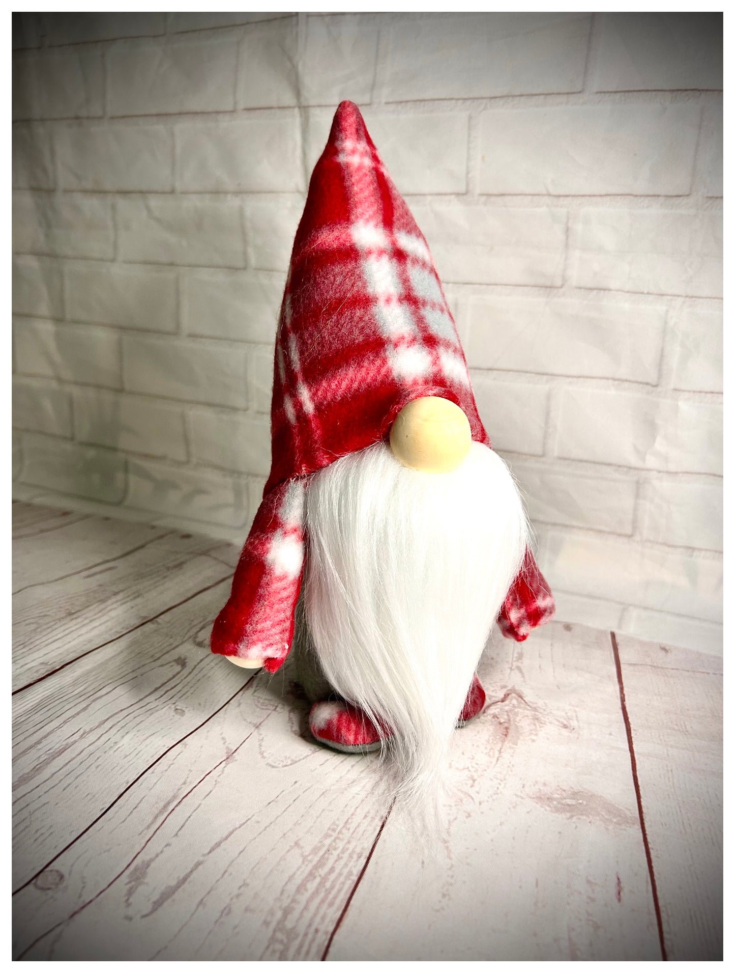 Handmade Soft Fleece Red and Grey Checked Nordic Gnome, Gonk, Swedish Tomte