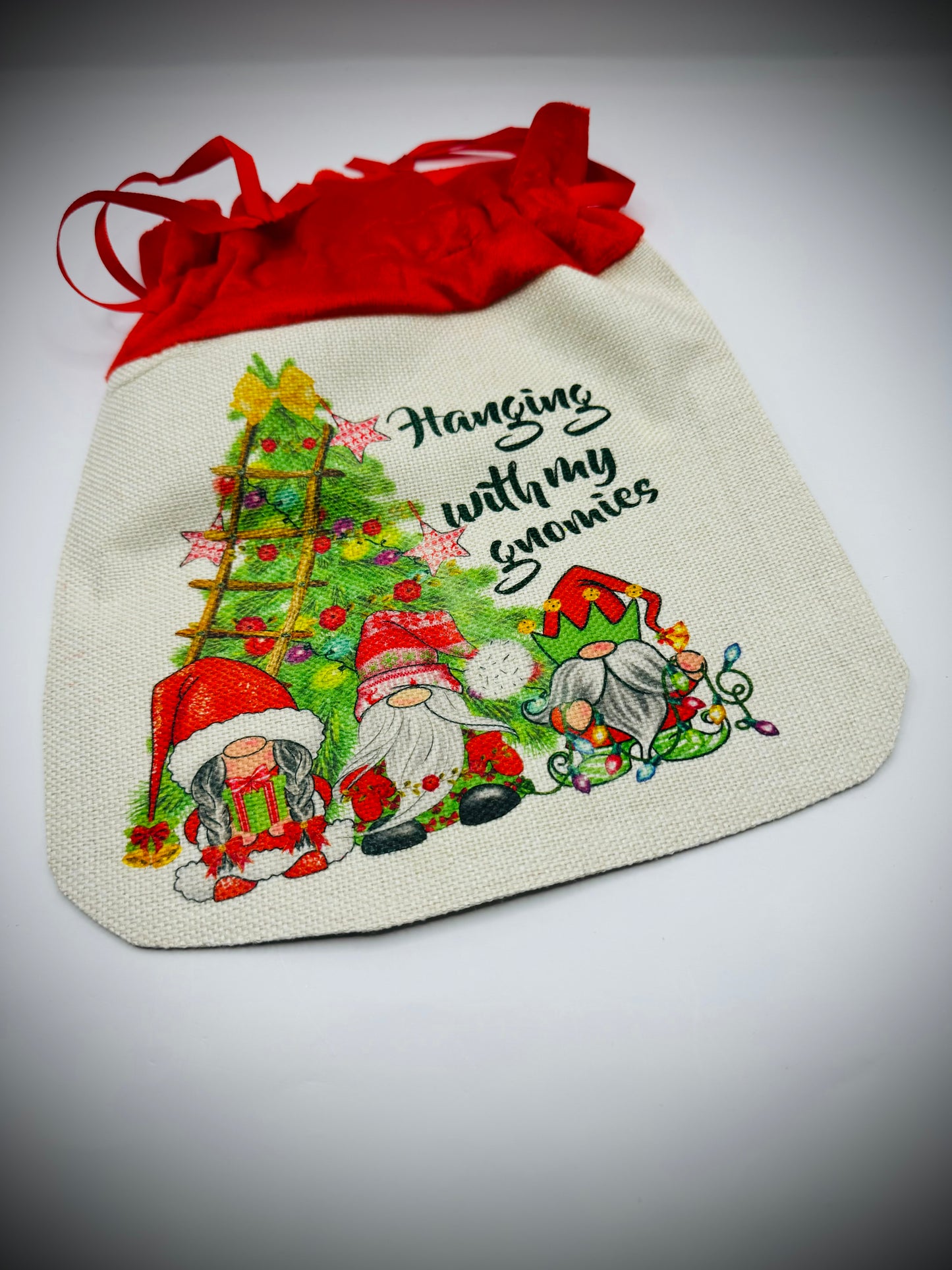 Small Gonk Christmas gift bag with red Valour drawstring finish