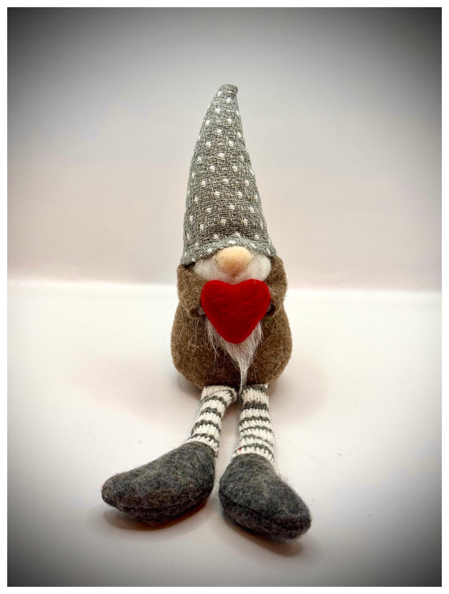 Mini beige and White Nordic Gnome with Red Heart, Gonk Swedish Tomte