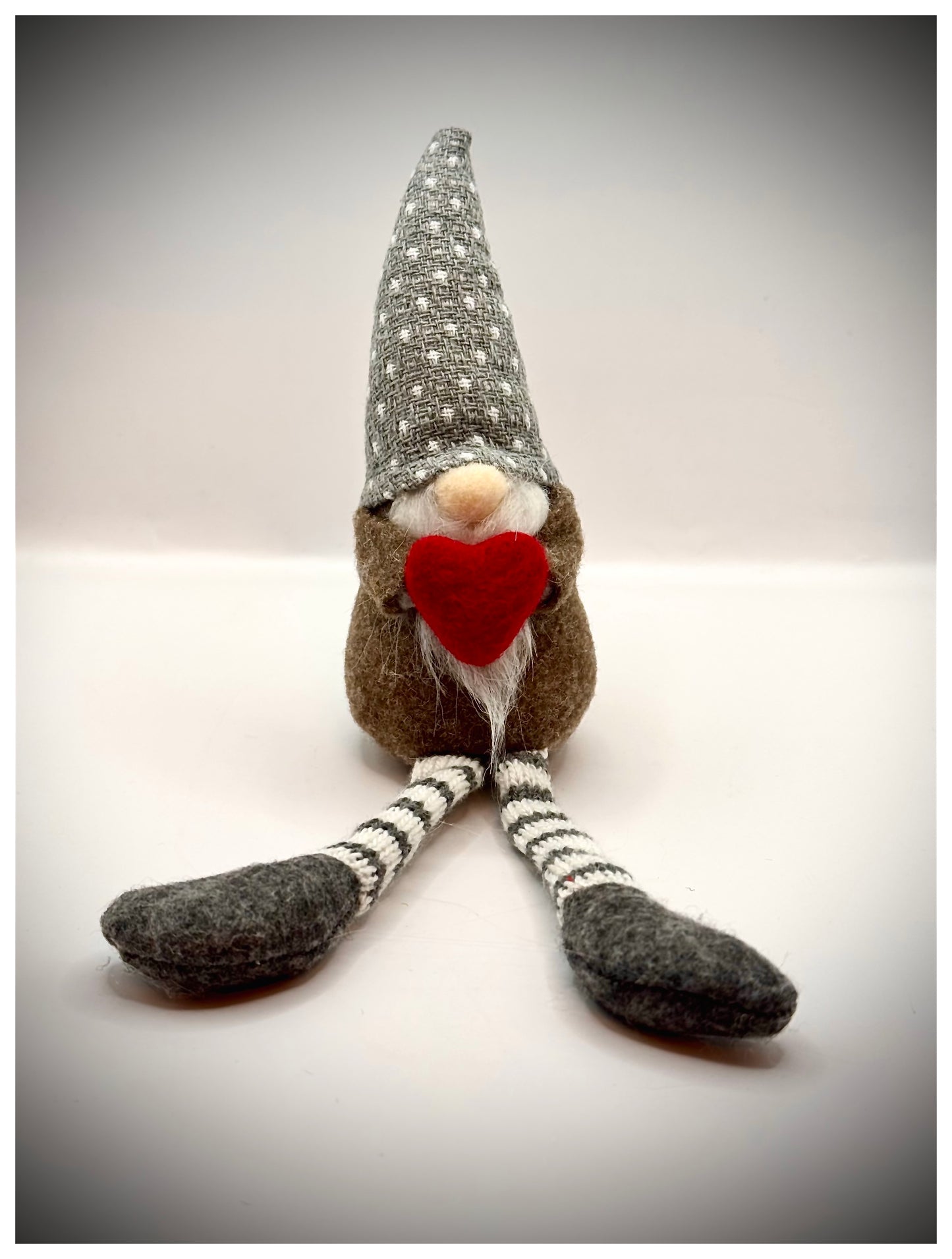 Mini beige and White Nordic Gnome with Red Heart, Gonk Swedish Tomte