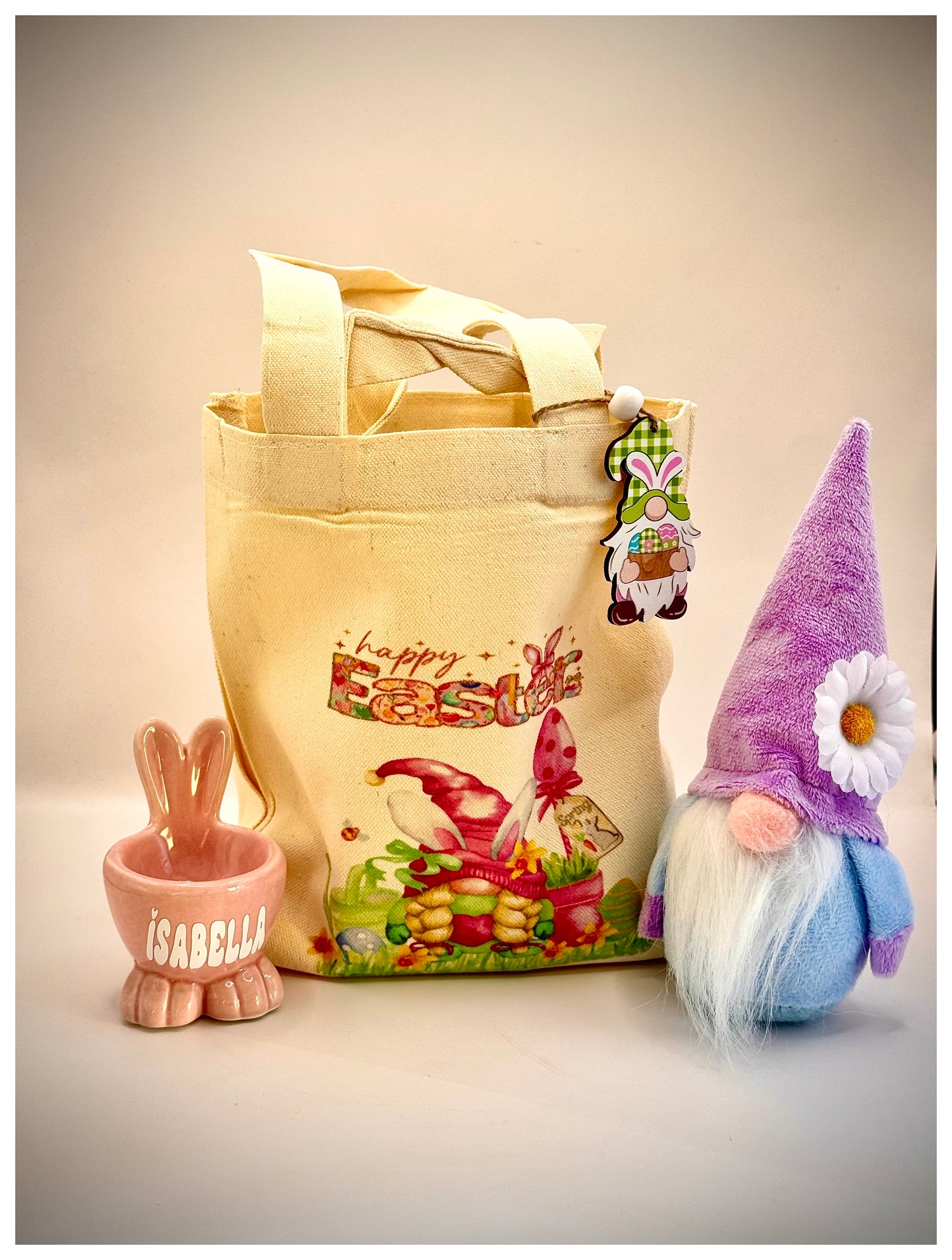 Girl’s Easter Linen Gift Bag containing: Easter Bunny Egg Cup, Mini Gonk and Reusable Linen Gift Bag