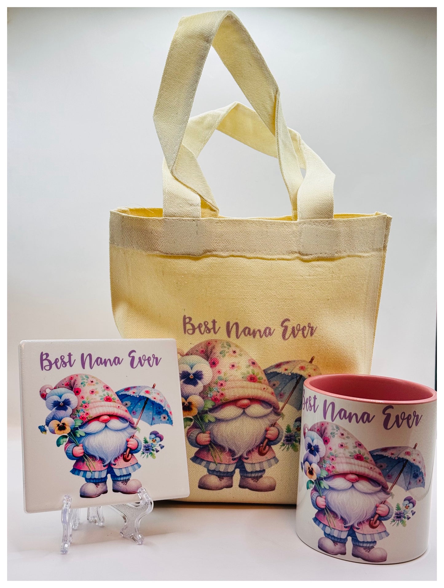 Best Nana Ever Gift Bag Containing: Reusable Gonk Linen Gift Bag, Ceramic Gonk Mug, Ceramic Gonk Coaster