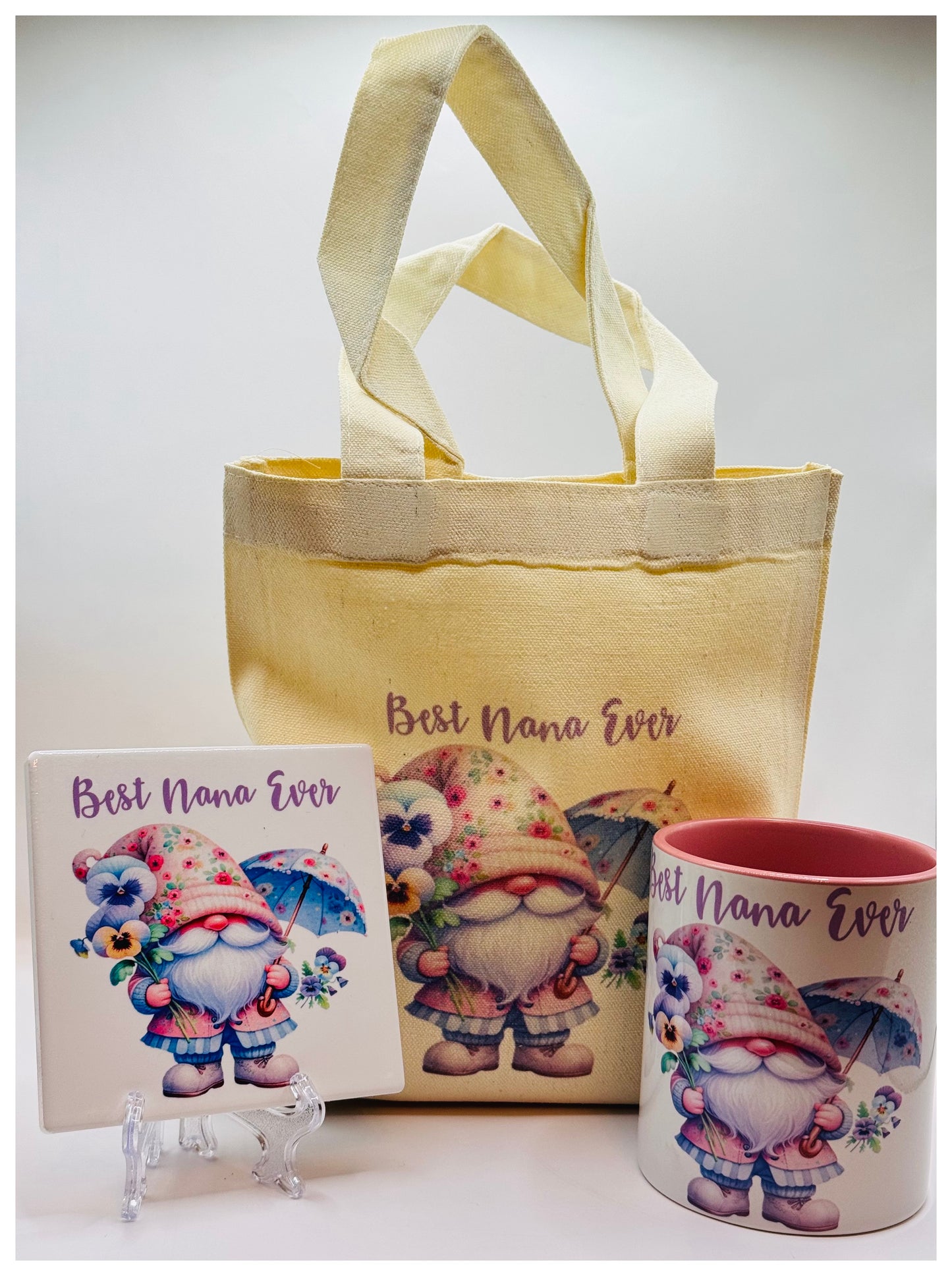 Best Nana Ever Gift Bag Containing: Reusable Gonk Linen Gift Bag, Ceramic Gonk Mug, Ceramic Gonk Coaster
