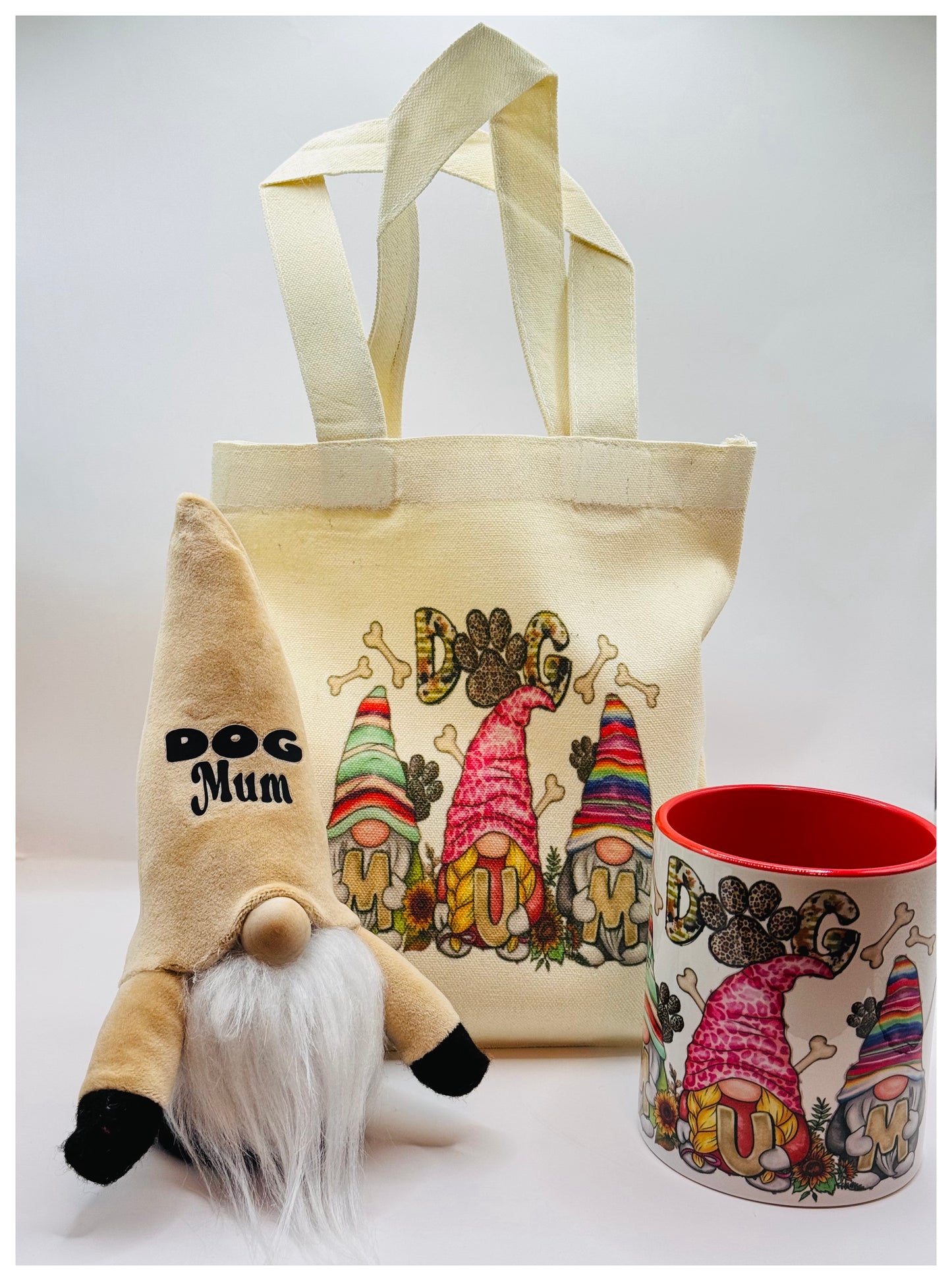 Dog mum Gift Bag Containing, Linen Gonk gift bag, Mini Gonk, Ceramic Mug, Nordic, Gnome, Swedish Tomte