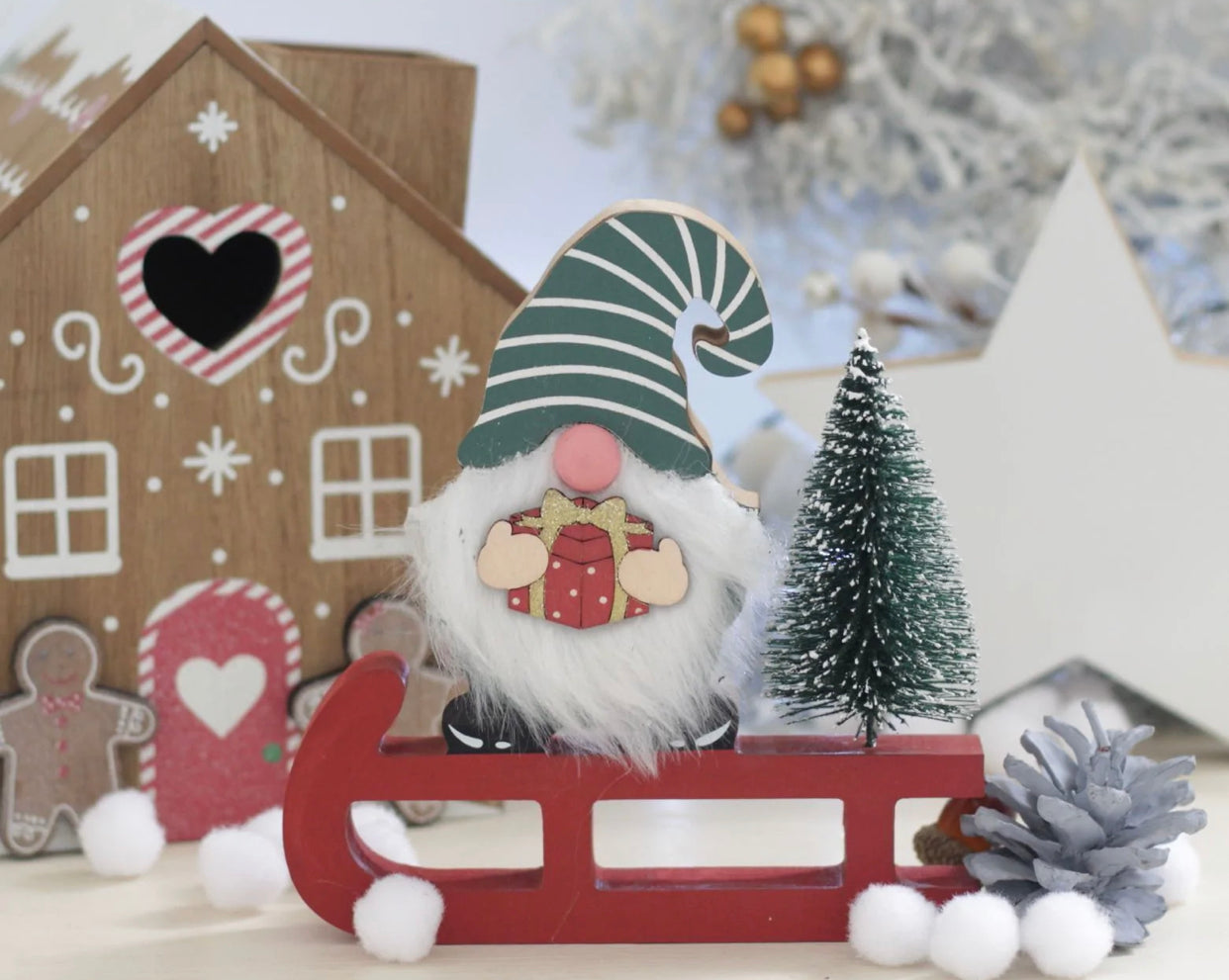 Wooden Christmas Gonk on Sleigh, Nordic, Gnome, Swedish Tomte
