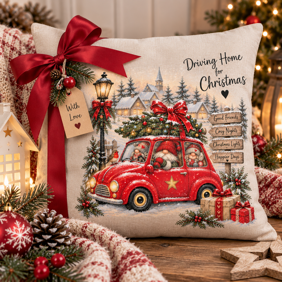 Driving Home for Christmas Gnome Cushion – 40cm Linen Christmas Cushion – Festive Red Car & Gnomes