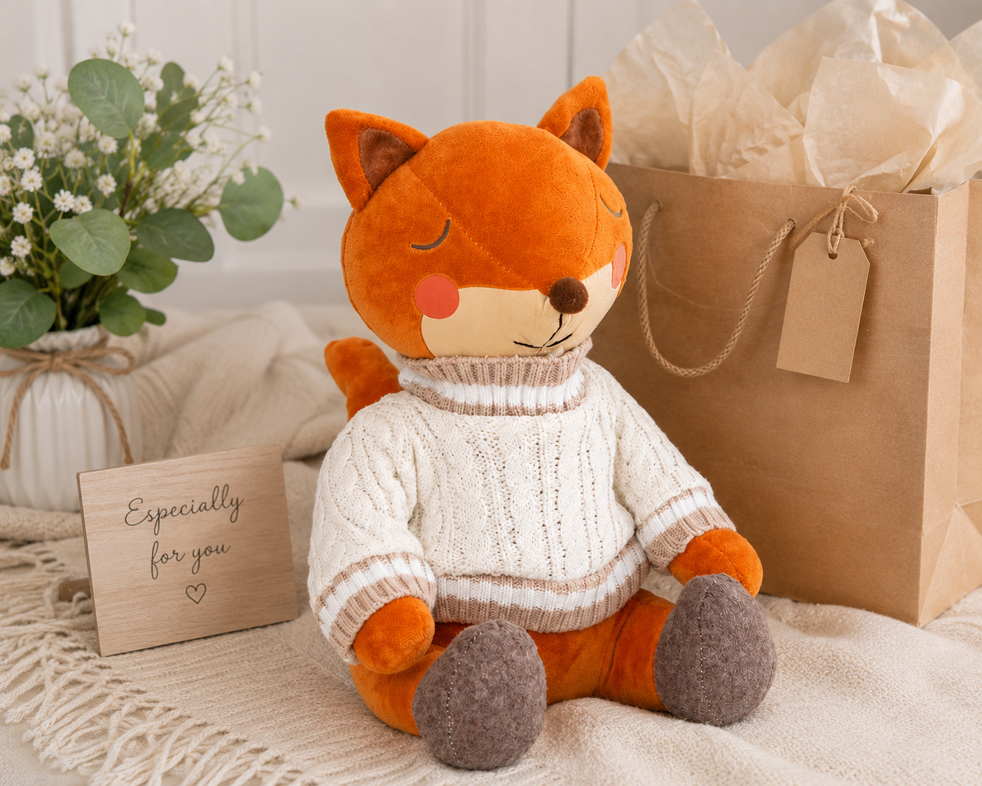 Cosy Fox Fabric Doorstop β Knitted Jumper Woodland Door Stop
