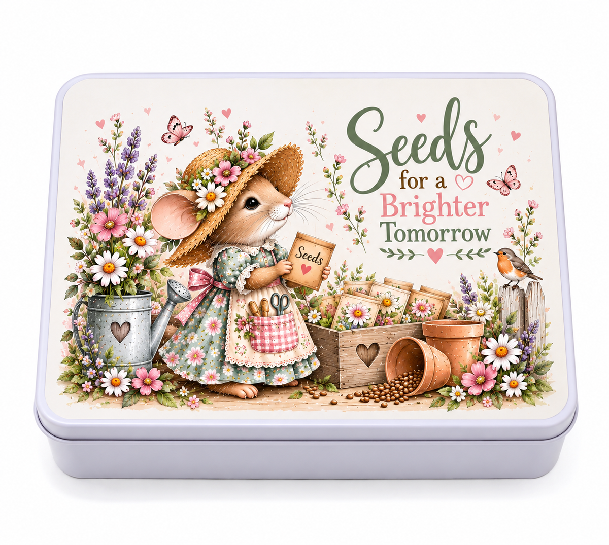 Forever Gnomes UK Storage Tin: 18cm x 11.5cm, Floral Mouse Artwork