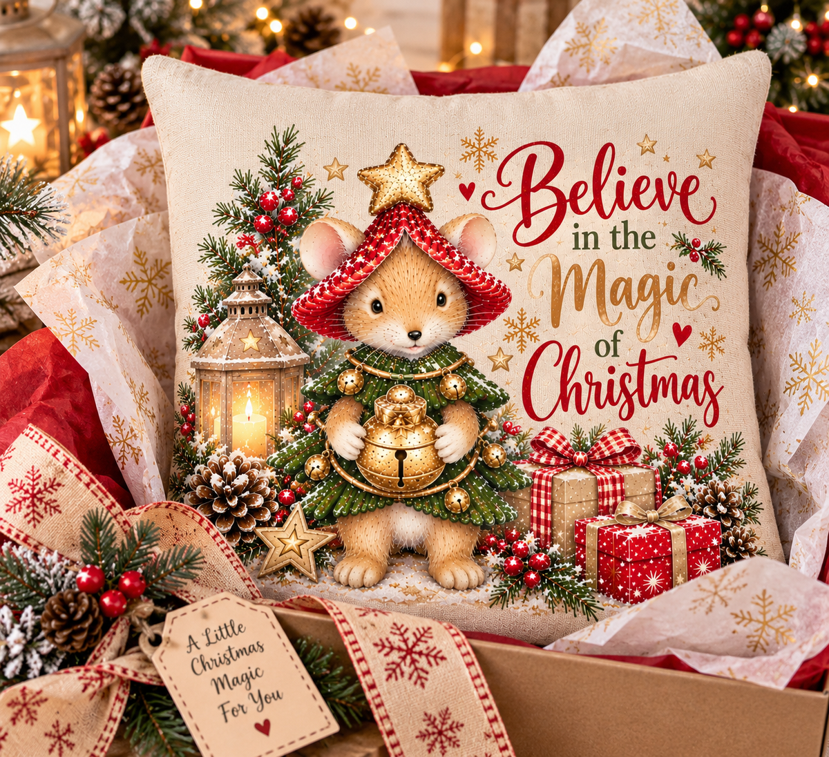 Christmas Mouse Cushion 40x40cm | Believe in the Magic of Christmas | Woodland Christmas Linen Cushion | Festive Sofa Decor