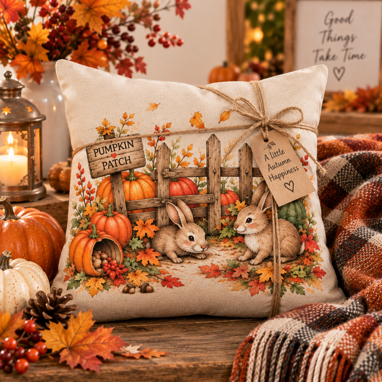 The Great Pumpkin Escape โ Autumn Rabbit Cushion