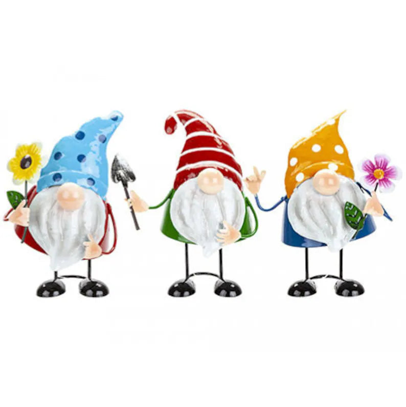 Set of three metal Gnome Garden ornaments, gonks, Nordic, Swedish Tomte