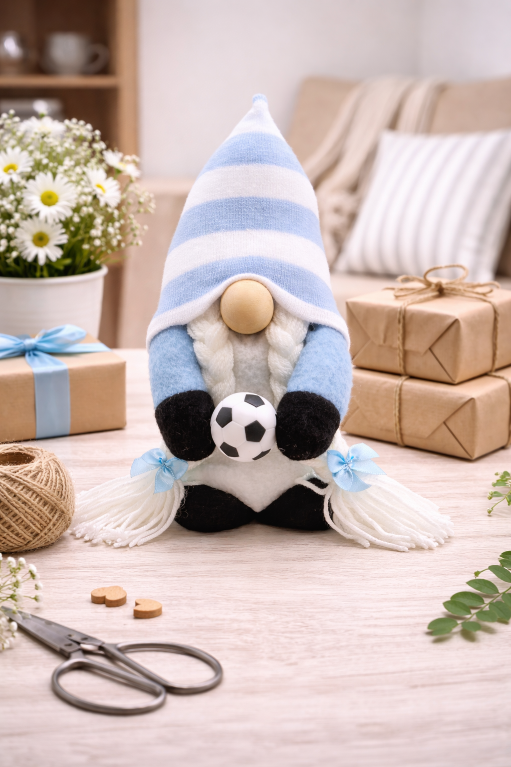 Handmade Light Blue and White Football Gonk with Platts, Nordic Gnome, Swedish Tomte