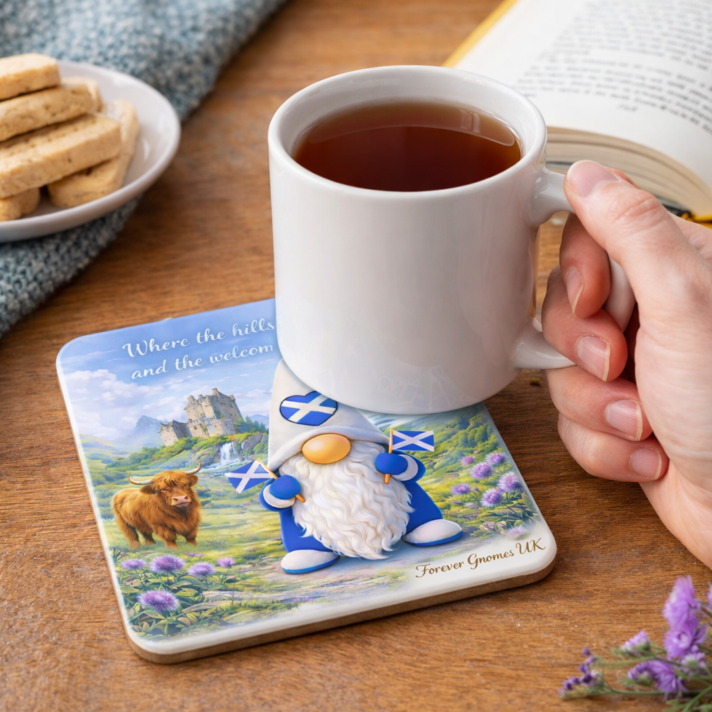 Scottish Highland Gonk Ceramic Coaster – 10 x 10 cm