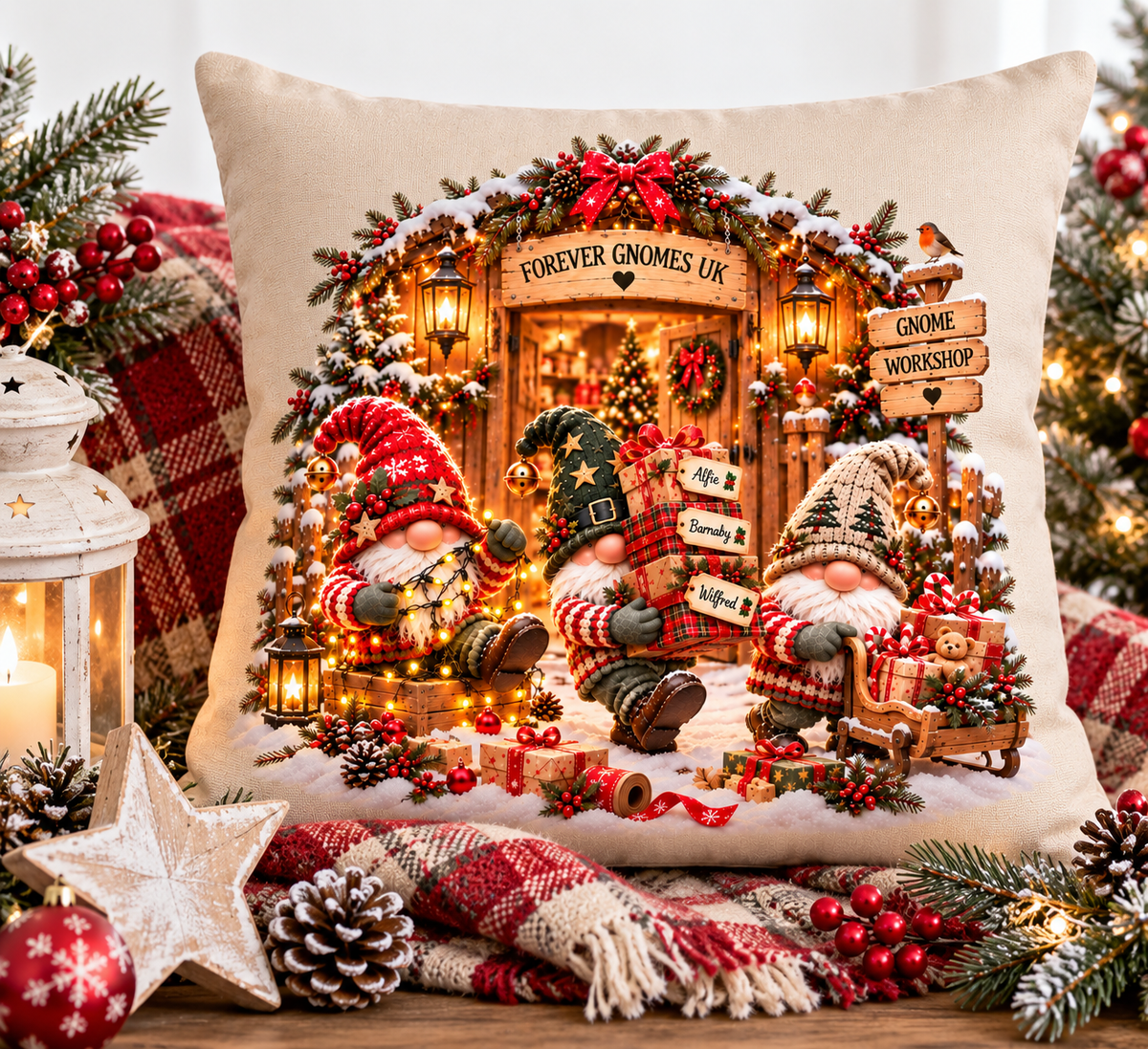 Workshop Gnomes Christmas Cushion | Festive Gnome Cushion | Christmas Home Decor | Forever Gnomes UK