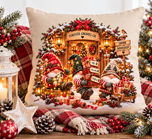 Workshop Gnomes Christmas Cushion | Festive Gnome Cushion | Christmas Home Decor | Forever Gnomes UK