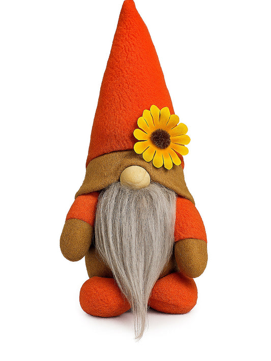 Handmade Orange Autumn Gonk with Sunflower, designed and made by Forever Gnomes UK, Nordic, Gnome, Swedish Tomte