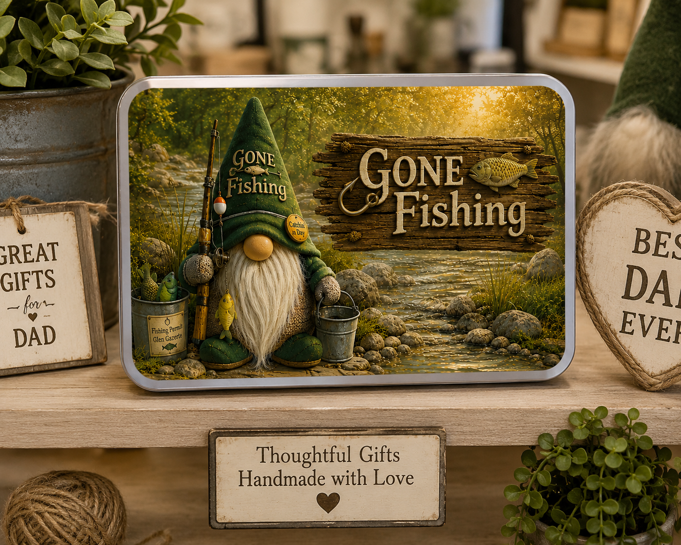 Gone Fishing Metal Keepsake Tin | Father’s Day Fishing Gift | Dad’s Fishing Bits & Bobs Tin | Handmade by Forever Gnomes UK